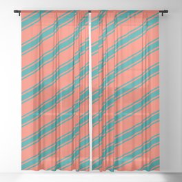 [ Thumbnail: Red & Dark Cyan Colored Lined Pattern Sheer Curtain ]