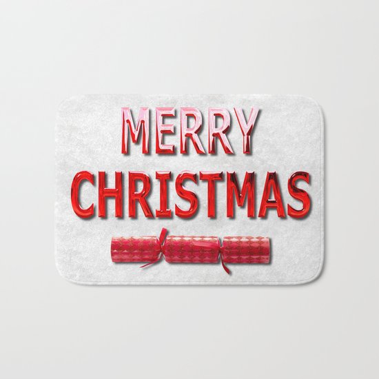 Merry Christmas With Red Cracker in Snow Bath Mat