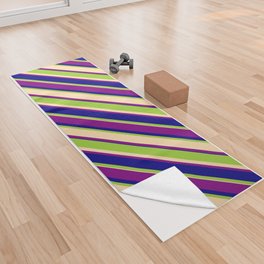 [ Thumbnail: Green, Tan, Purple & Blue Colored Lined Pattern Yoga Towel ]
