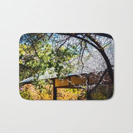 Blooming Sakura Trees In The Japanese Style Garden On A Sunny Spring Day Bath Mat | Color, Roof, Floral, Building, Flower, Flora, Blossom, Pavilion, Apricot, Sakura 