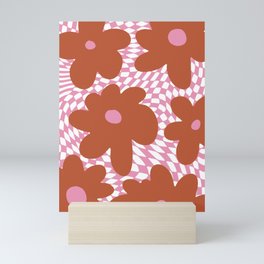 Retro Flowers on Warped Checkerboard \\ MUTED PINK & TERRACOTTA COLOR PALETTE Mini Art Print