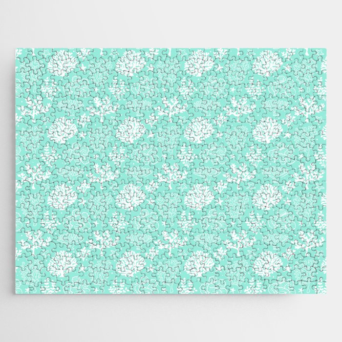 Mint Blue And White Coral Silhouette Pattern Jigsaw Puzzle