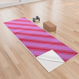 [ Thumbnail: Orchid & Crimson Colored Lined Pattern Yoga Towel ]