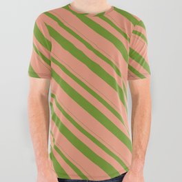 [ Thumbnail: Green & Dark Salmon Colored Lines/Stripes Pattern All Over Graphic Tee ]
