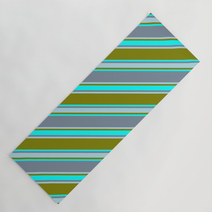 Green, Cyan, Light Slate Gray & Light Blue Colored Stripes Pattern Yoga Mat