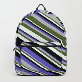 [ Thumbnail: Slate Blue, Grey, Dark Olive Green, Mint Cream, and Black Colored Stripes Pattern Backpack ]