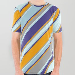 [ Thumbnail: Eyecatching Dark Slate Blue, Orange, Dark Gray, Light Cyan, and Light Blue Colored Stripes Pattern All Over Graphic Tee ]