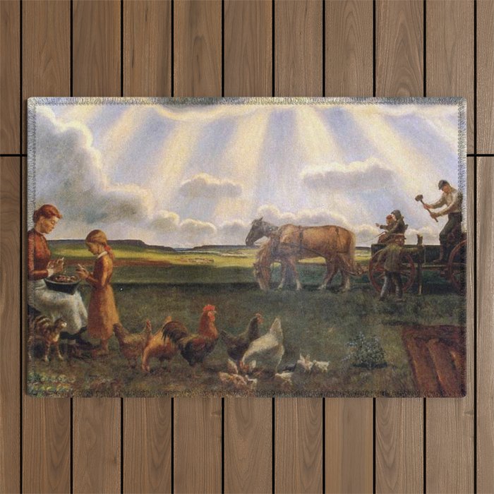 Columns of Sun over the Family Homestead on the American Plains by John Steuart Curry Outdoor Rug