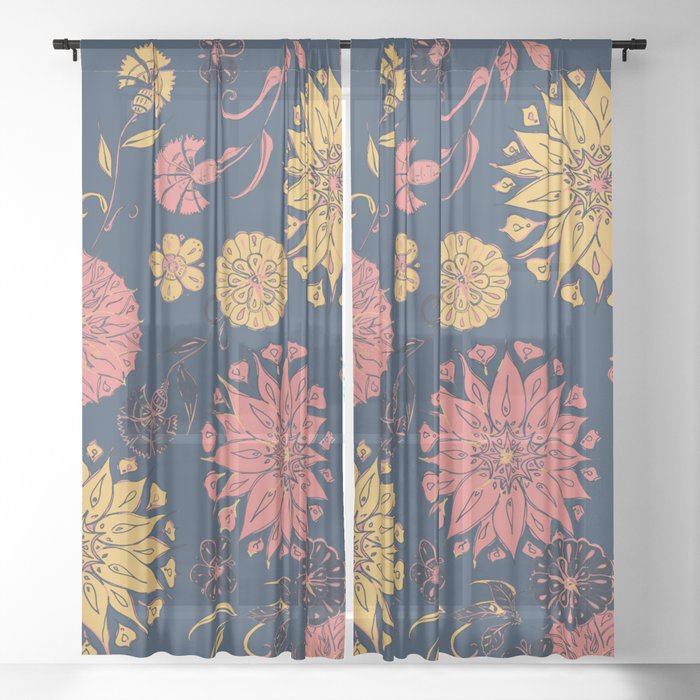 Multi Florals In Blue Coral Sheer Curtain By Lottibrown Society6