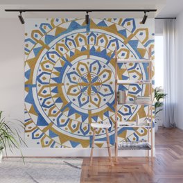 Metallic Blue and Gold Acrylic Painting Mandala Square with White Background Wall Mural