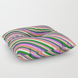 [ Thumbnail: Dark Slate Blue, Violet, Coral, White, and Green Colored Lined/Striped Pattern Floor Pillow ]