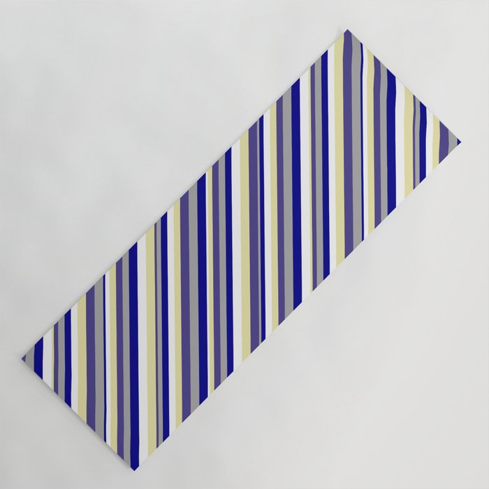 Vibrant Dark Slate Blue, Dark Gray, Dark Blue, White, and Pale Goldenrod Colored Striped Pattern Yoga Mat