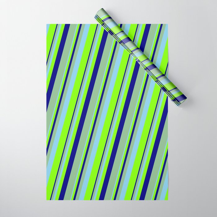 Sky Blue, Chartreuse, Blue & Dark Sea Green Colored Lines Pattern Wrapping Paper