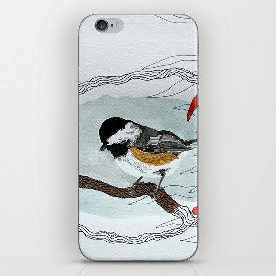 Black capped chickadee and fantasy flowers and lines iPhone & iPod Skin