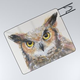 Owl Watercolor Great Horned Owl Painting Picnic Blanket