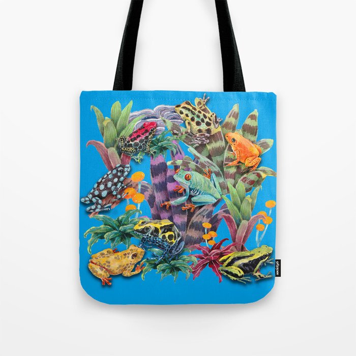 Tropical Frogs and plants - blue Tote Bag