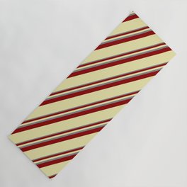 [ Thumbnail: Grey, Dark Red & Pale Goldenrod Colored Striped Pattern Yoga Mat ]
