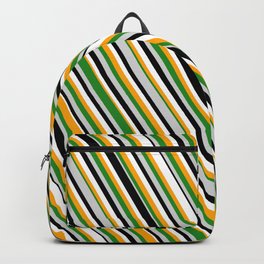 [ Thumbnail: Orange, Forest Green, Light Grey, Black & White Colored Striped Pattern Backpack ]