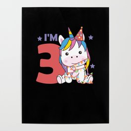 Unicorn For The Third Birthday Children 3 Years Poster