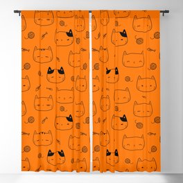 Orange and Black Doodle Kitten Faces Pattern Blackout Curtain