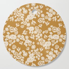 Bee Garden - linocut art, mustard, yellow, garden floral, home decor, bees, florals, flowers print Cutting Board