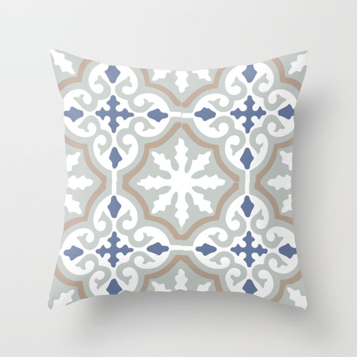 Moroccan Boho Modern Geometric Mosaic Tile Pattern Grey and Blue Throw Pillow