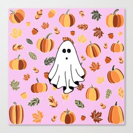 Ghost, pumpkins and leafs Canvas Print