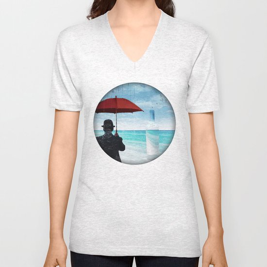 Chaplin at the beach in the rian Unisex V-Neck