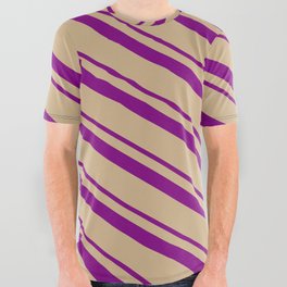 [ Thumbnail: Purple & Tan Colored Lines Pattern All Over Graphic Tee ]