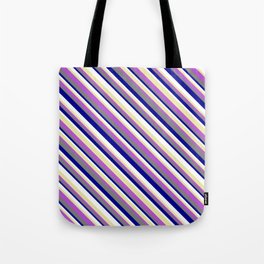 [ Thumbnail: Vibrant Gray, Dark Blue, White, Pale Goldenrod & Orchid Colored Striped/Lined Pattern Tote Bag ]