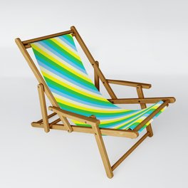 [ Thumbnail: Vibrant Yellow, Lime Green, Dark Turquoise, Light Sky Blue, and Light Yellow Colored Striped Pattern Sling Chair ]