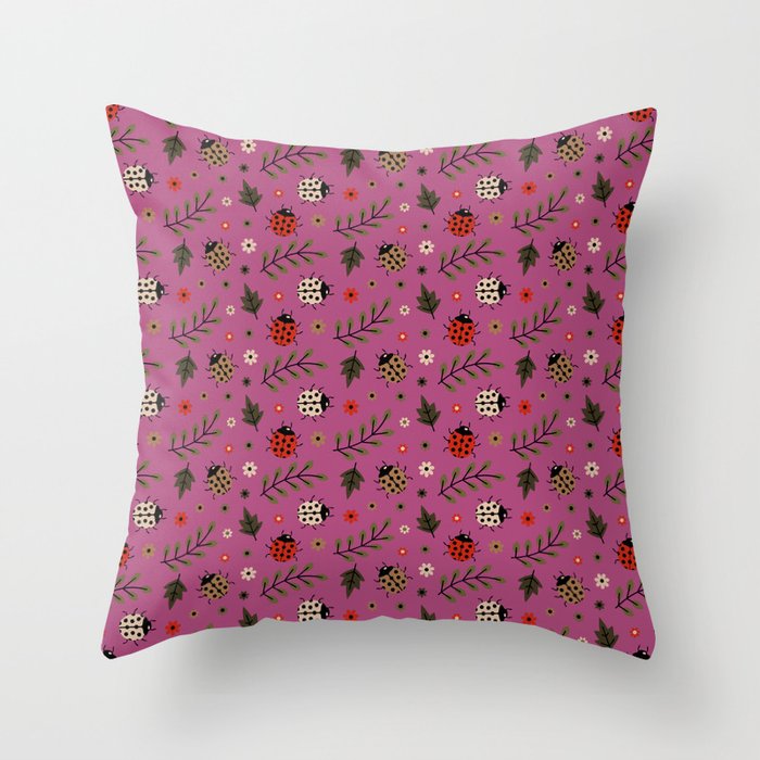 Ladybug and Floral Seamless Pattern on Magenta Background Throw Pillow