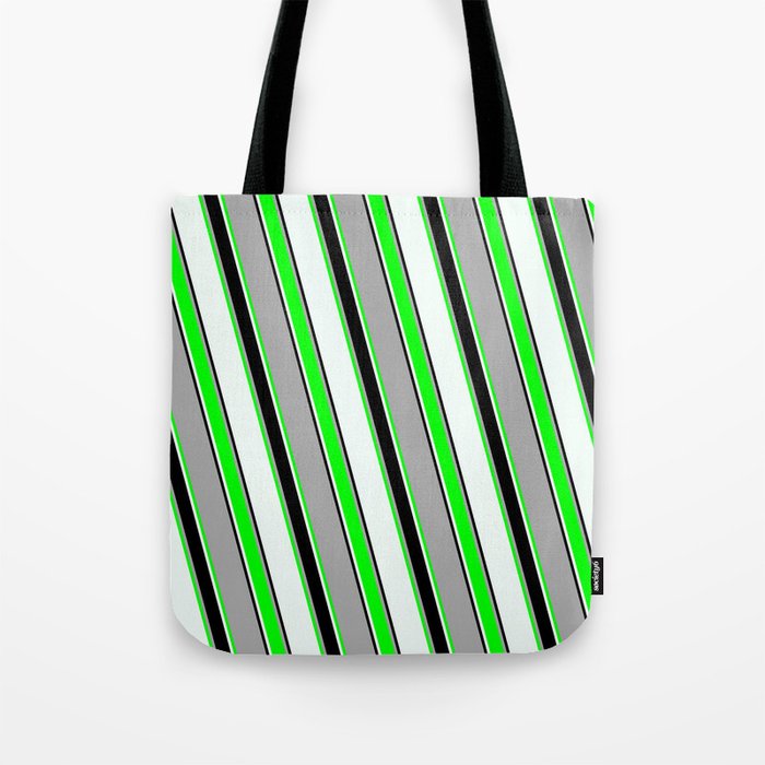 Dark Gray, Lime, Mint Cream & Black Colored Stripes/Lines Pattern Tote Bag