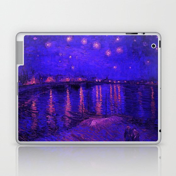 Starry Night Over the Rhone landscape painting by Vincent van Gogh in alternate midnight blue with pink stars Laptop & iPad Skin