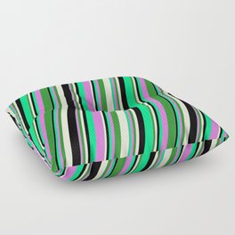 [ Thumbnail: Vibrant Green, Orchid, Forest Green, Beige & Black Colored Striped Pattern Floor Pillow ]