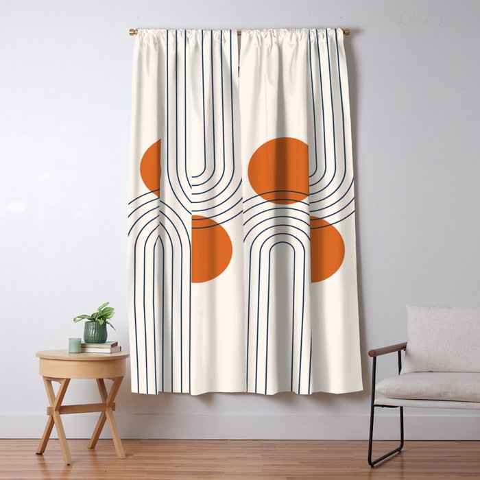 Mid Century Modern Geometric 88 in Navy Blue and Orange Rainbow and Sun Abstraction Blackout Curtain by nineFlorals Society6