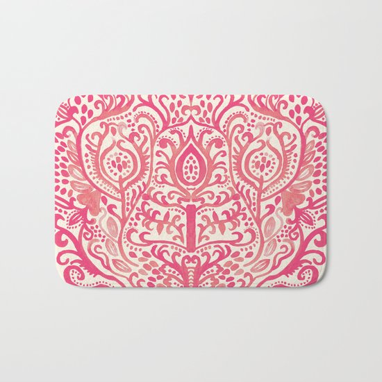 Strawberry and Cream Watercolor Tulip Damask Bath Mat
