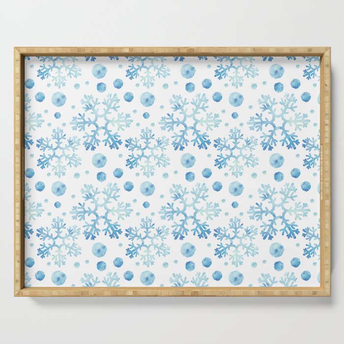Christmas Pattern Watercolor Blue Snowflake Bauble Serving Tray