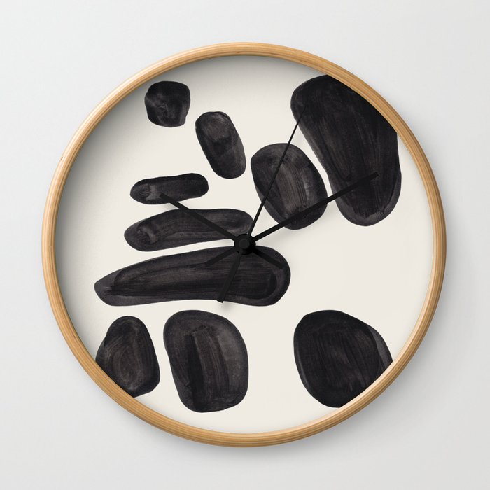 Mid Century Modern Minimalist Abstract Art Brush Strokes Black & White Ink Art Pebbles Wall Clock