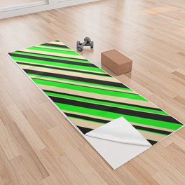 [ Thumbnail: Beige, Black & Lime Colored Lined/Striped Pattern Yoga Towel ]