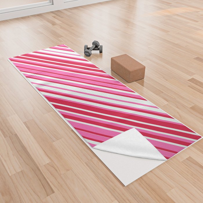 Hot Pink, Crimson, and Mint Cream Colored Stripes/Lines Pattern Yoga Towel