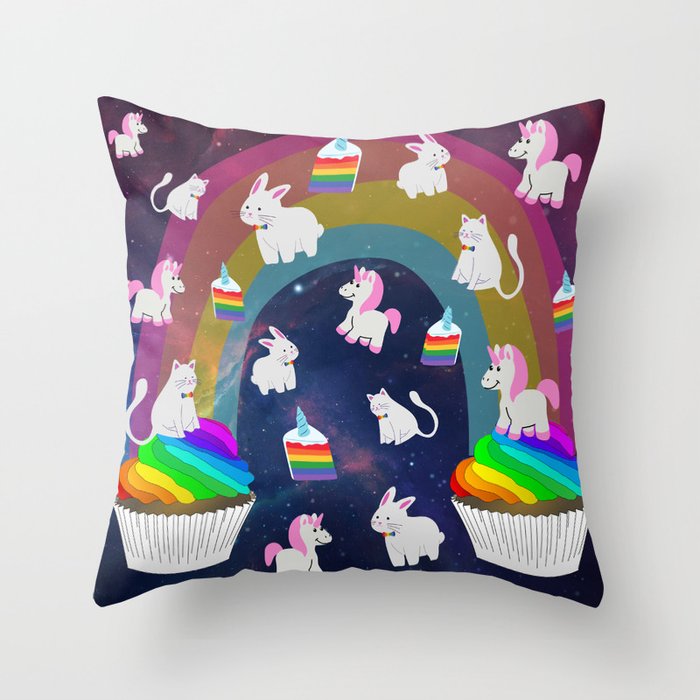 Rainbow Unicorn Cupcakes Space Cats Bunnies Birthday Throw Pillow
