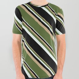 [ Thumbnail: Tan, Dark Olive Green, Mint Cream & Black Colored Stripes Pattern All Over Graphic Tee ]