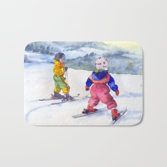 Watercolor skiing, skiers kids Bath Mat