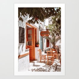 Traditional Coffee Shop in Greece, Greek Summer in Cyclades islands, Orange and Green Travel Photography  Art Print