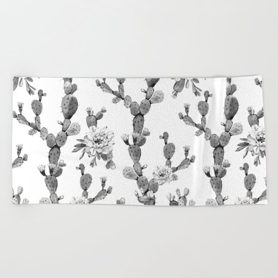 Cactus Rose Garden Stripe Black and White Beach Towel