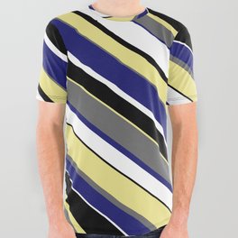 [ Thumbnail: Eye-catching Tan, Dim Gray, Midnight Blue, White, and Black Colored Pattern of Stripes All Over Graphic Tee ]