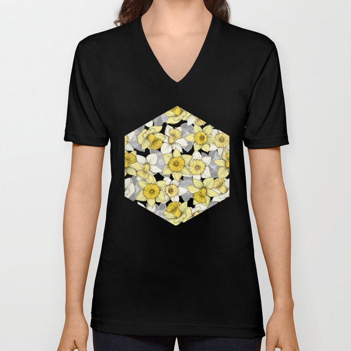 Daffodil Daze - yellow & grey daffodil illustration pattern V Neck T Shirt