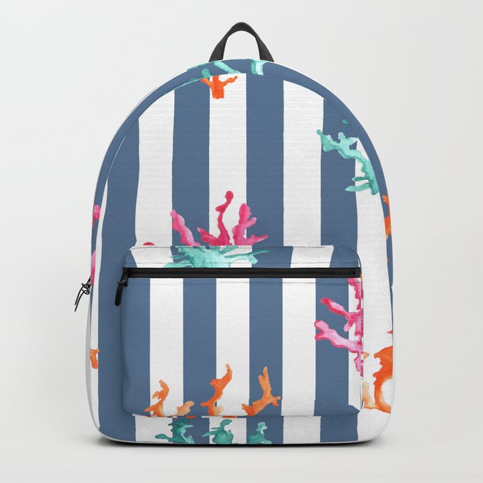 Colorful Coral Reef on Slate Blue Stripes Backpack