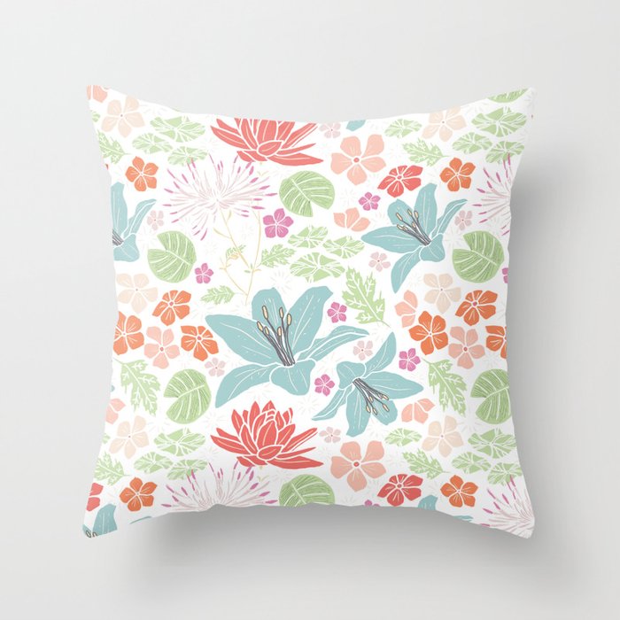 Teal blue and orange Japanese pond florals Throw Pillow